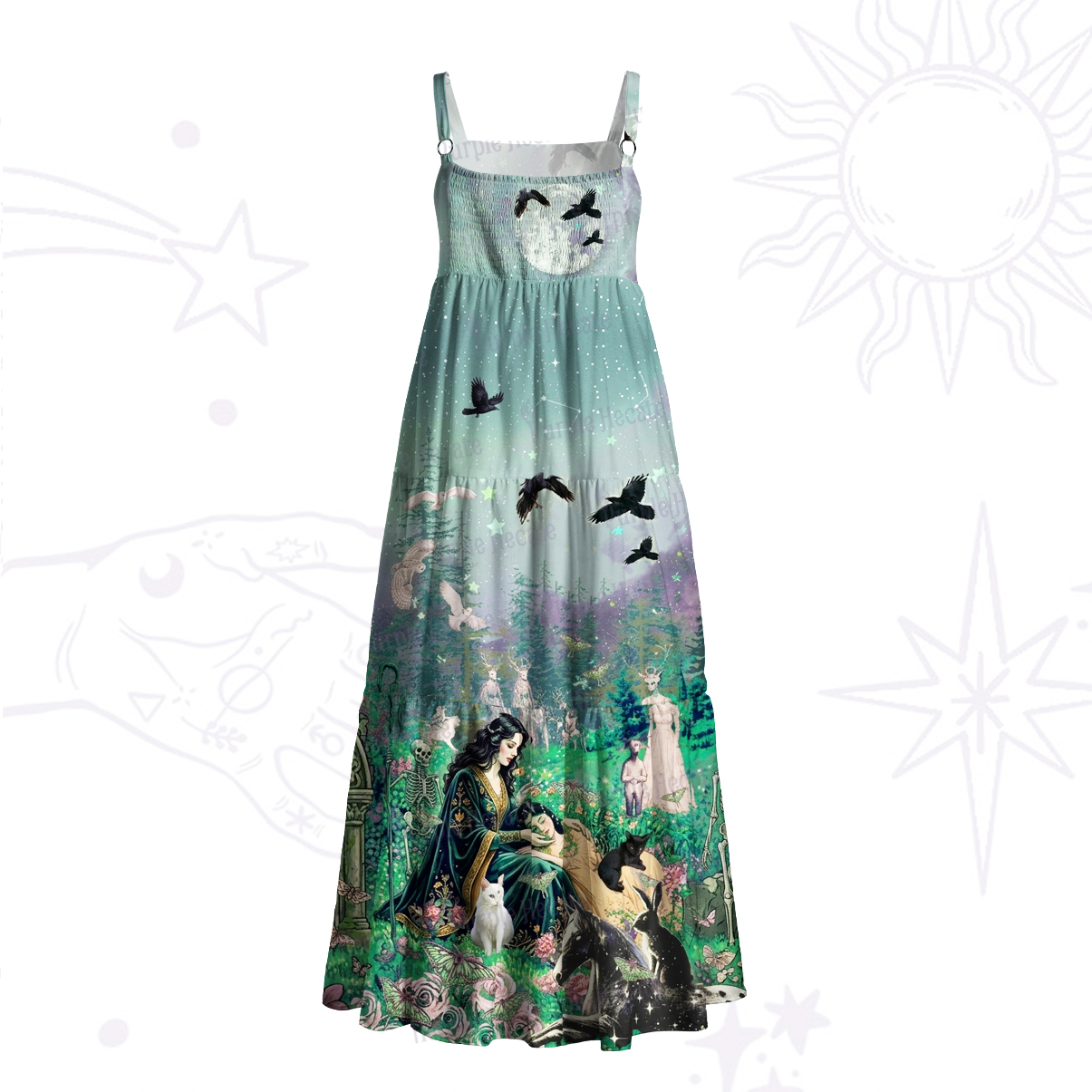 Purplehecate Forest Witch & Familiar Creatures Wide Straps Maxi Dress