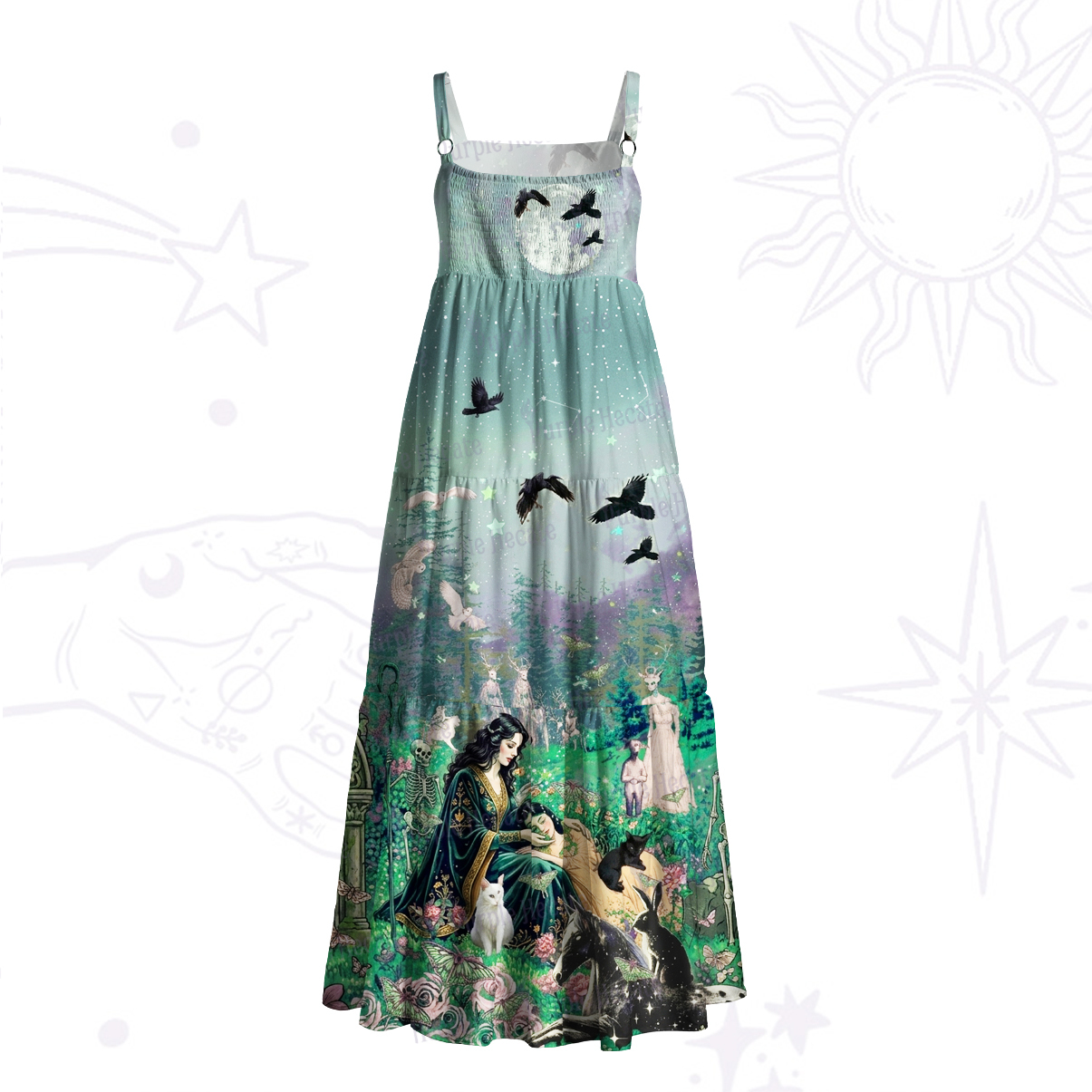 Purplehecate Forest Witch & Familiar Creatures Wide Straps Maxi Dress