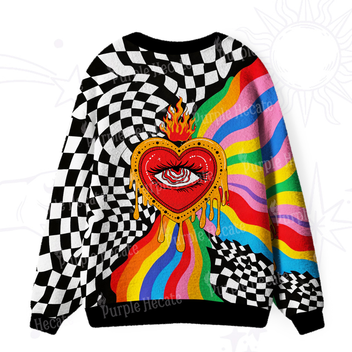 Purplehecate Trippy Rainbow Heart Eye Knit Ugly Cardigan Sweaters