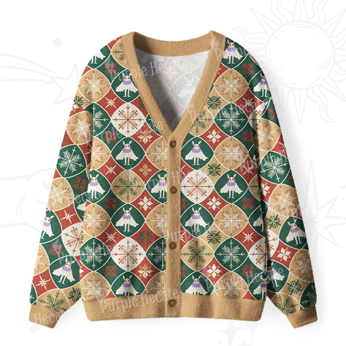 Purplehecate Retro Mothman Snowflake Ugly Cardigan Sweaters