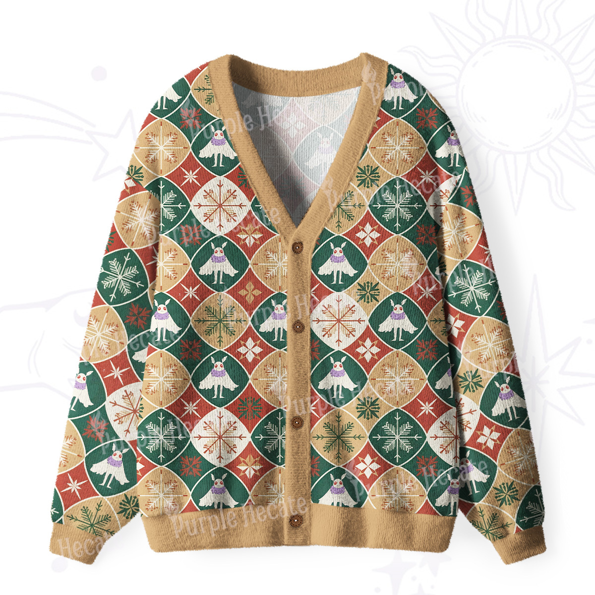Purplehecate Retro Mothman Snowflake Ugly Cardigan Sweaters