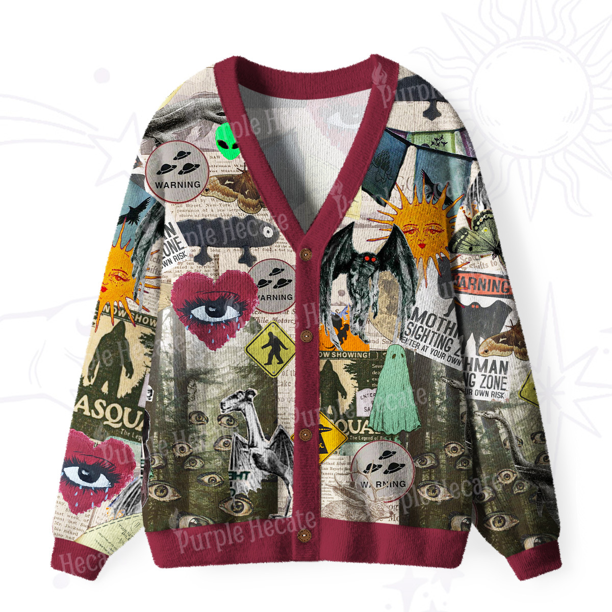 Purplehecate Cryptid Warning Collage Ugly Cardigan Sweaters