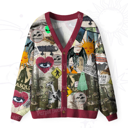 Purplehecate Cryptid Warning Collage Ugly Cardigan Sweaters