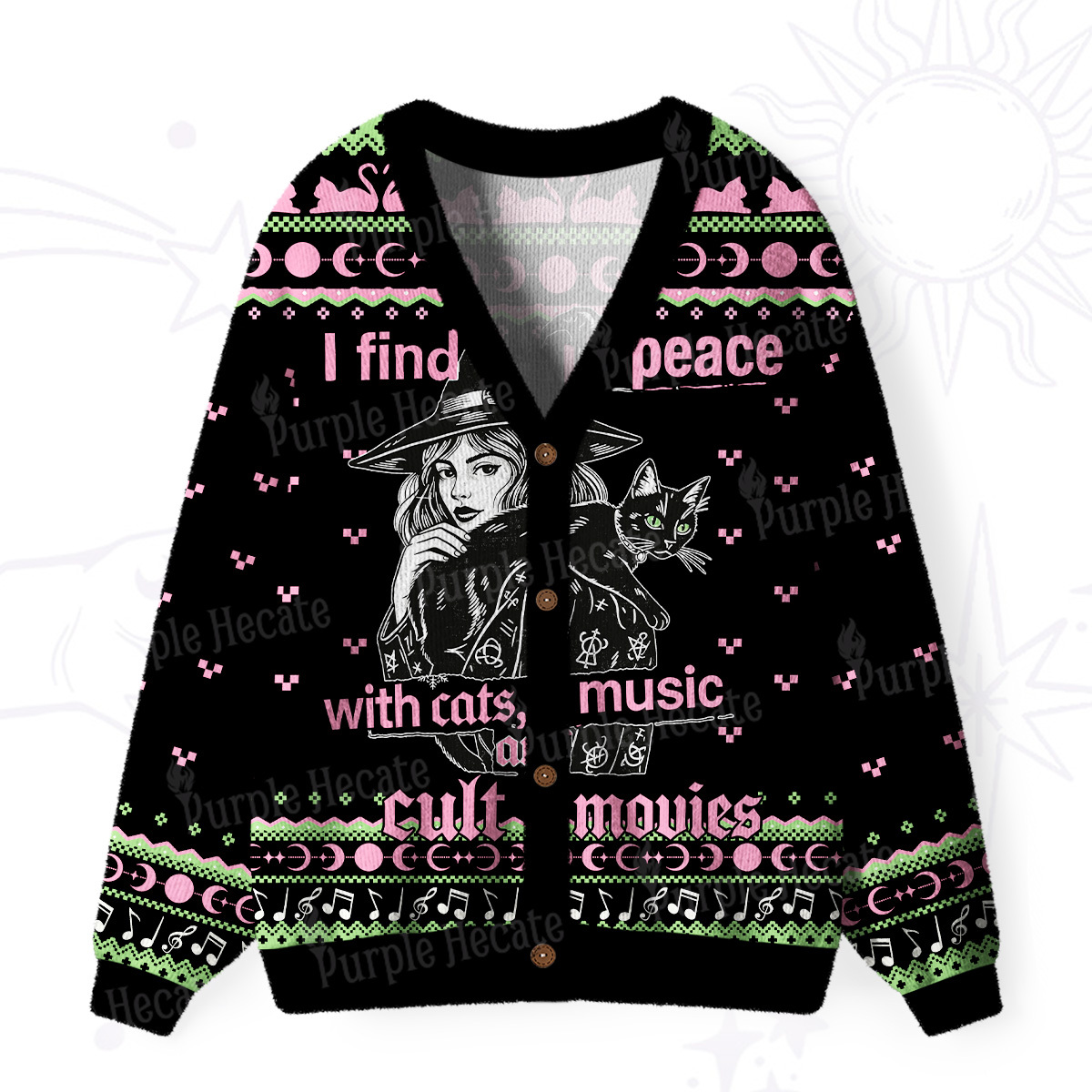 Purplehecate I Find Peace With Cats Music Cult Movies Ugly Cardigan Sweaters