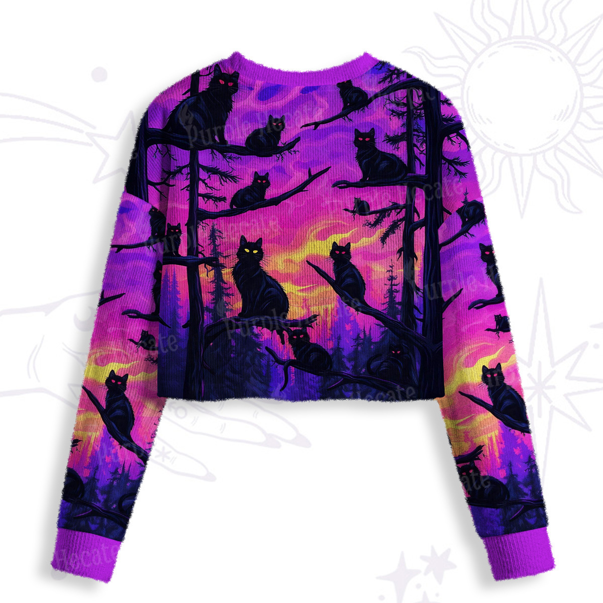 Purplehecate Twilight Forest Guardian Cat Crop Fuzzy Ugly Sweatshirt