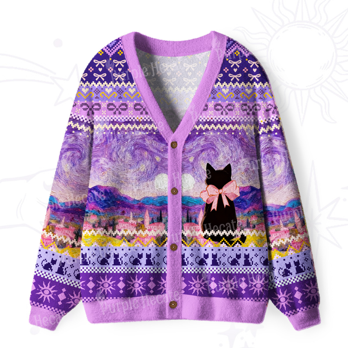 Purplehecate Starlit Witchy Night Cat Ugly Cardigan Sweaters