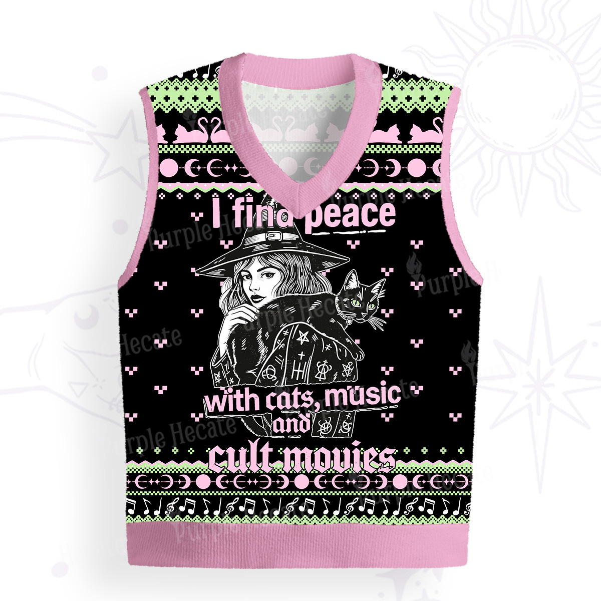 Purplehecate I Find Peace With Cats Music Cult Movies Ugly Sweater Vest