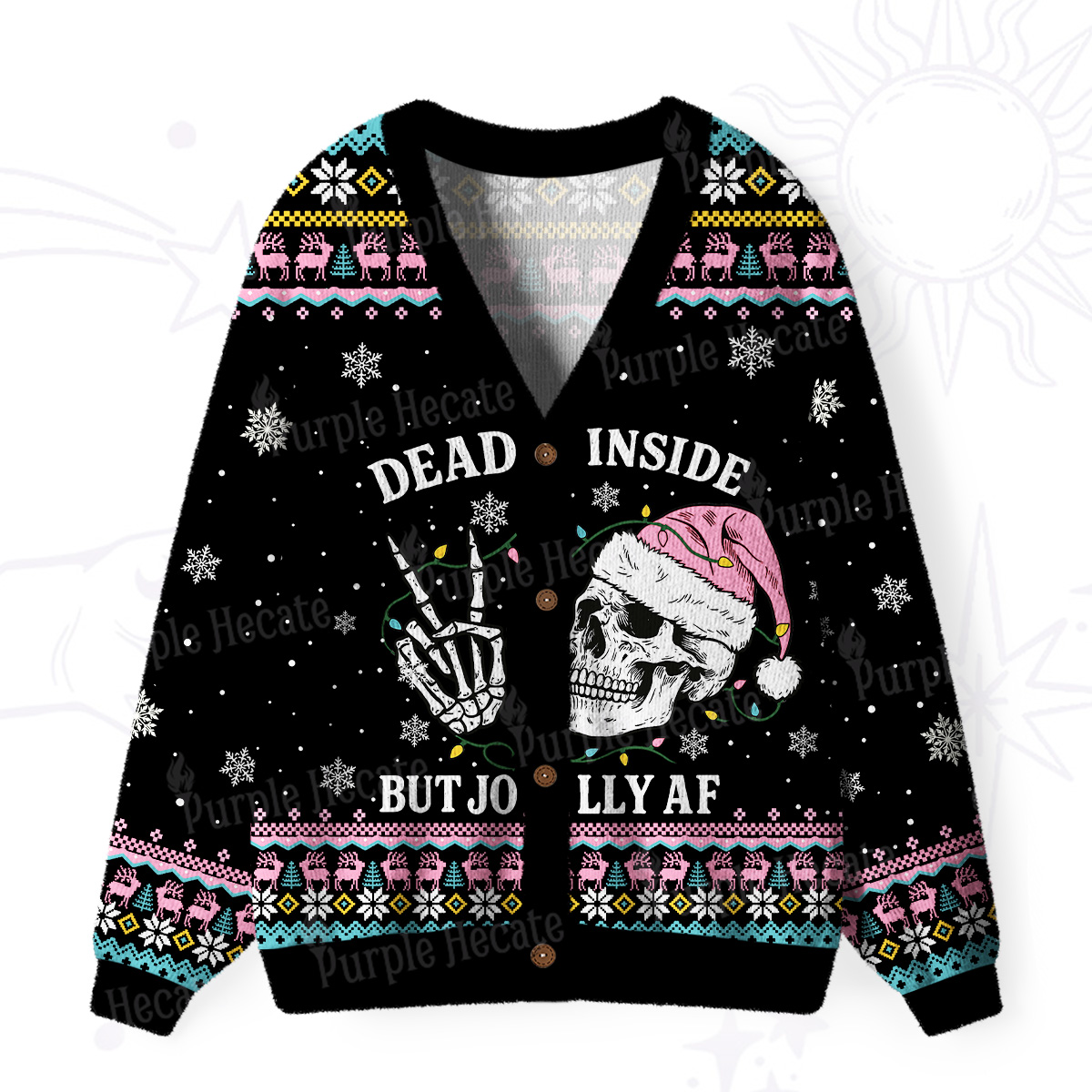 Purplehecate Dead Inside But Jolly AF Christmas Ugly Cardigan Sweaters