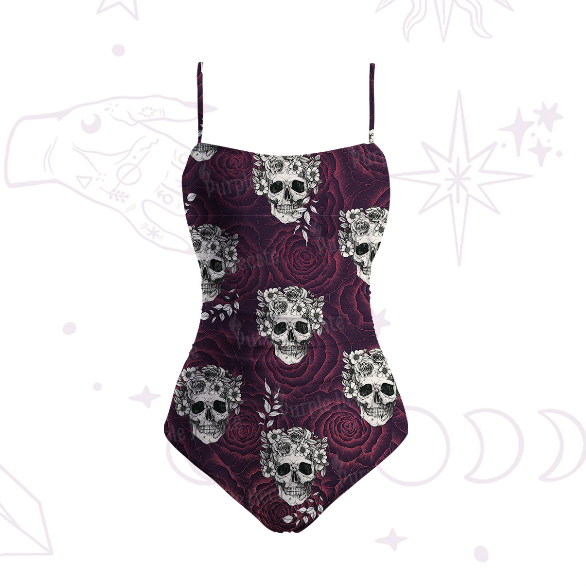 Purplehecate Rose Skull Slim-Strap Swimsuit