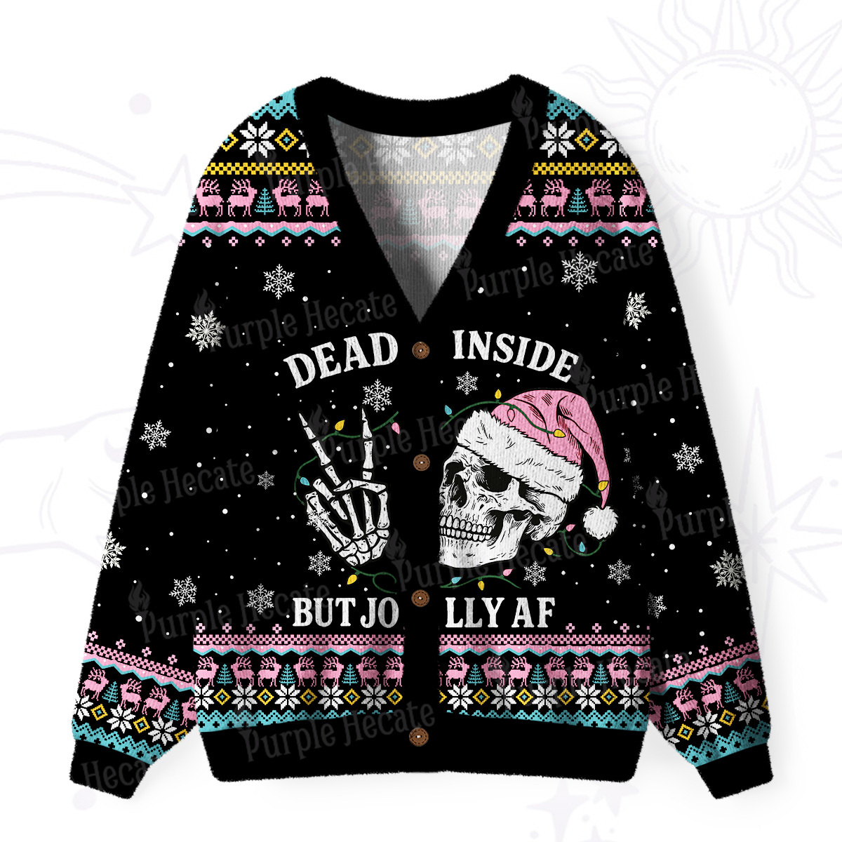 Purplehecate Dead Inside But Jolly AF Christmas Ugly Cardigan Sweaters