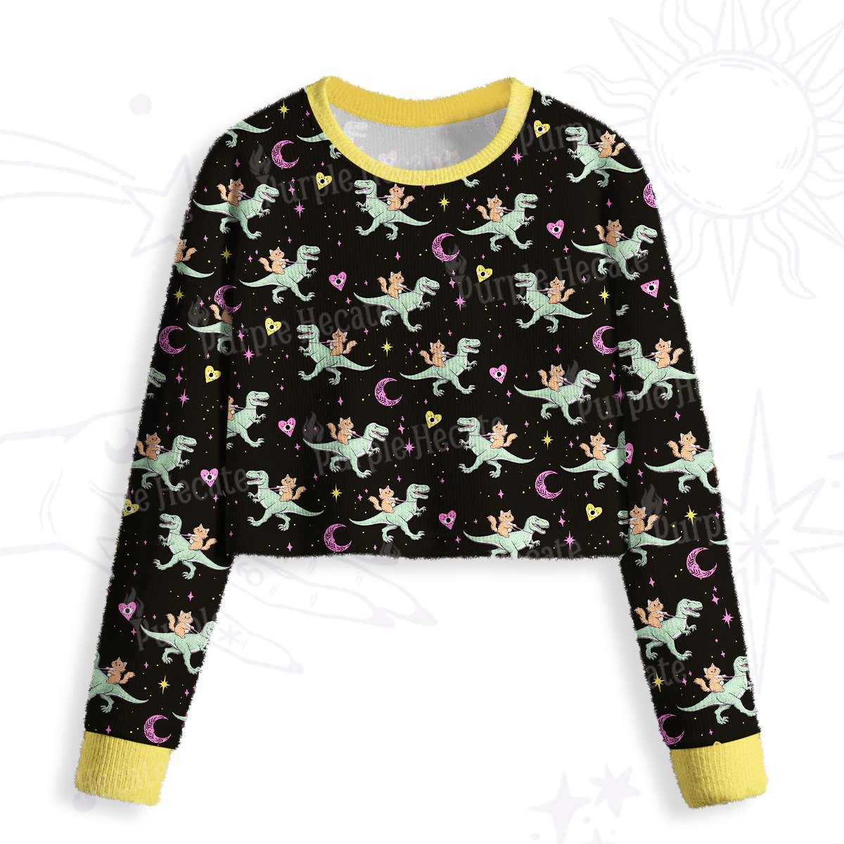 Purplehecate Witch Cat Rides the Dino Crop Fuzzy Ugly Sweatshirt