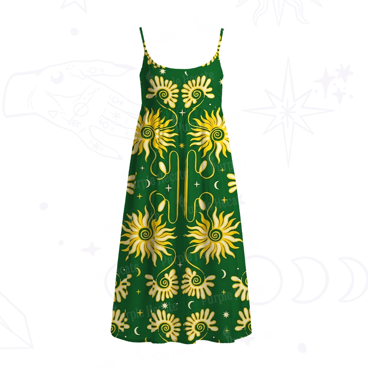 Purplehecate Golden Cosmic Sunflower Spaghetti Strap Midi Dress
