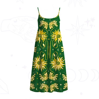 Purplehecate Golden Cosmic Sunflower Spaghetti Strap Midi Dress
