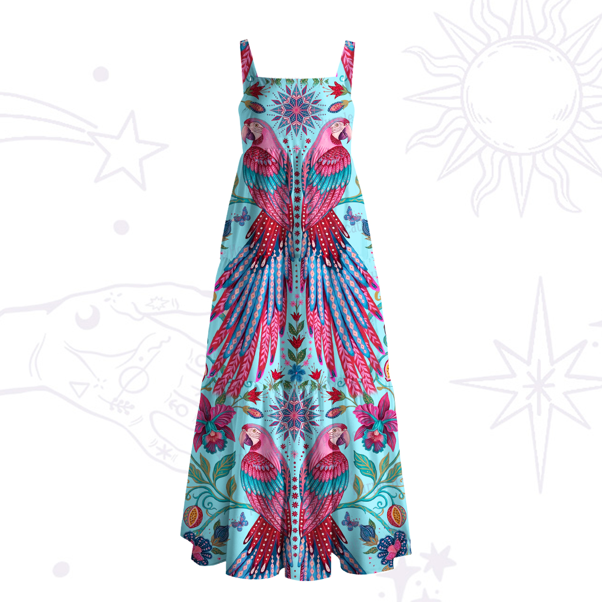 Purplehecate Tropical Parrot Garden Wide Straps Maxi Dress