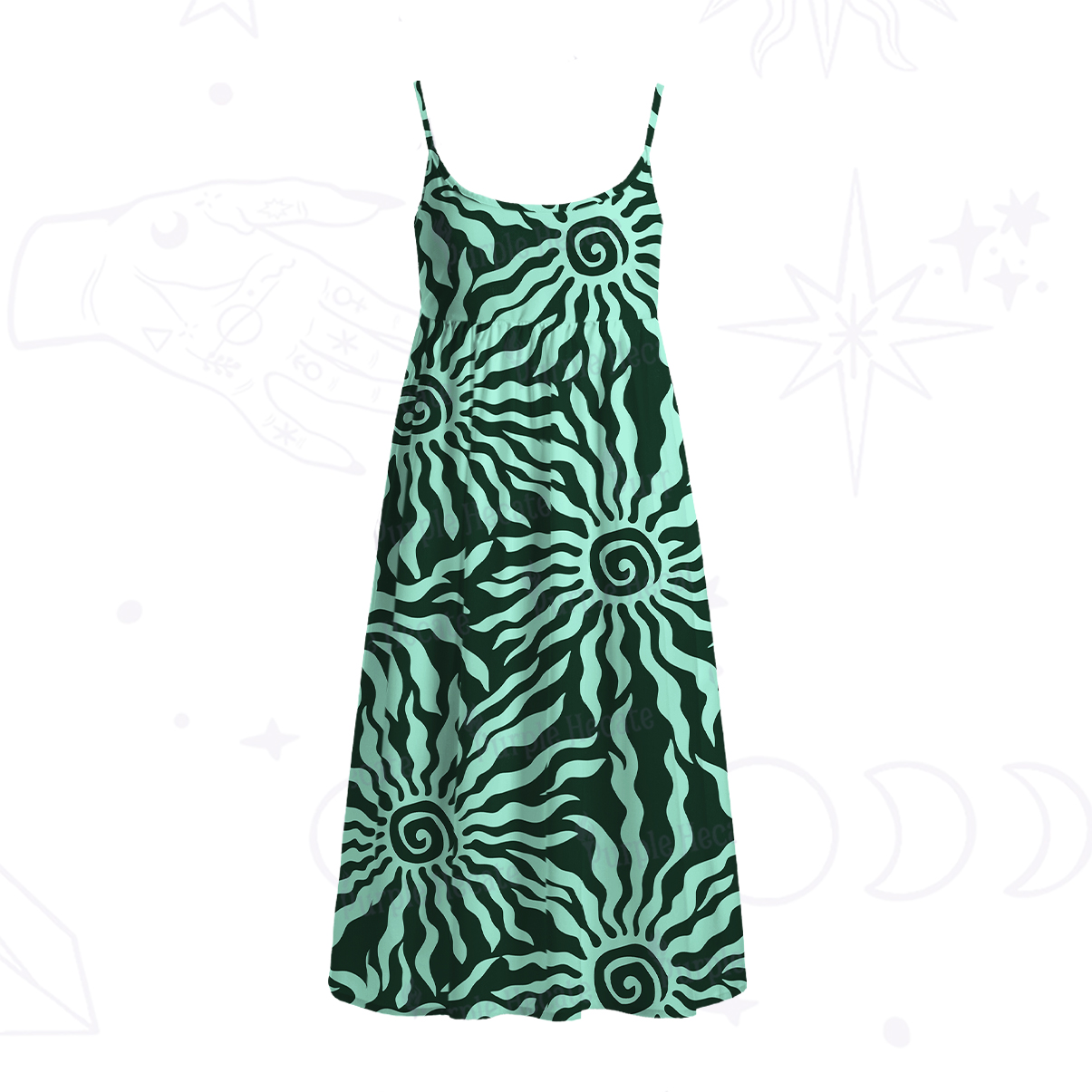 Purplehecate Solar Swirl Totem Strappy Spaghetti Strap Midi Dress