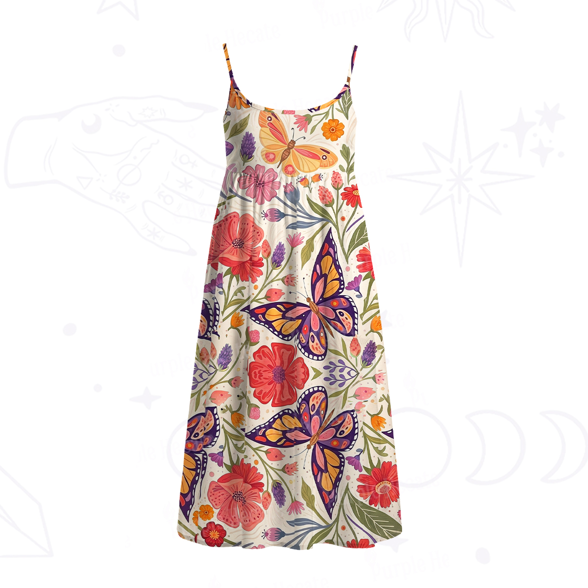 Purplehecate Enchanted Garden of Butterflies Spaghetti Strap Midi Dress