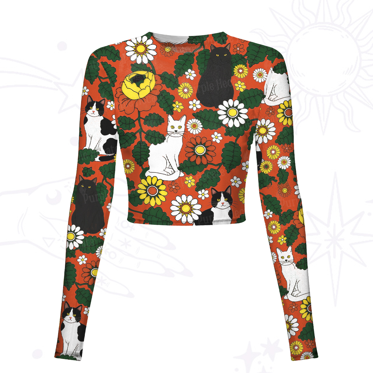 Purplehecate Daisy Cat  Garden Mesh Long Sleeve Crop Top