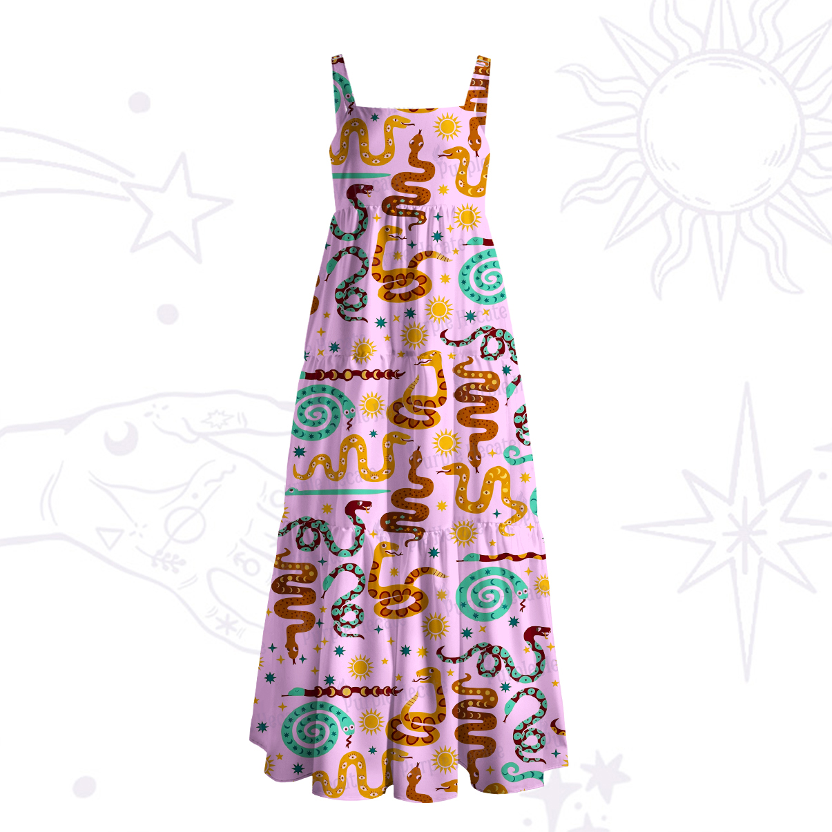 Purplehecate Mystic Sunlit Serpent Runes Wide Straps Maxi Dress