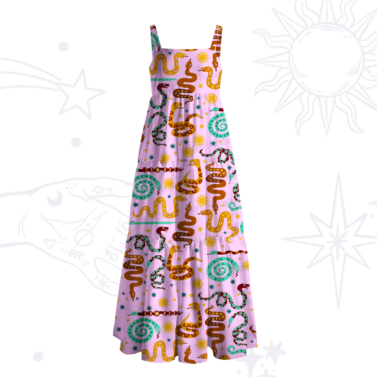 Purplehecate Mystic Sunlit Serpent Runes Wide Straps Maxi Dress