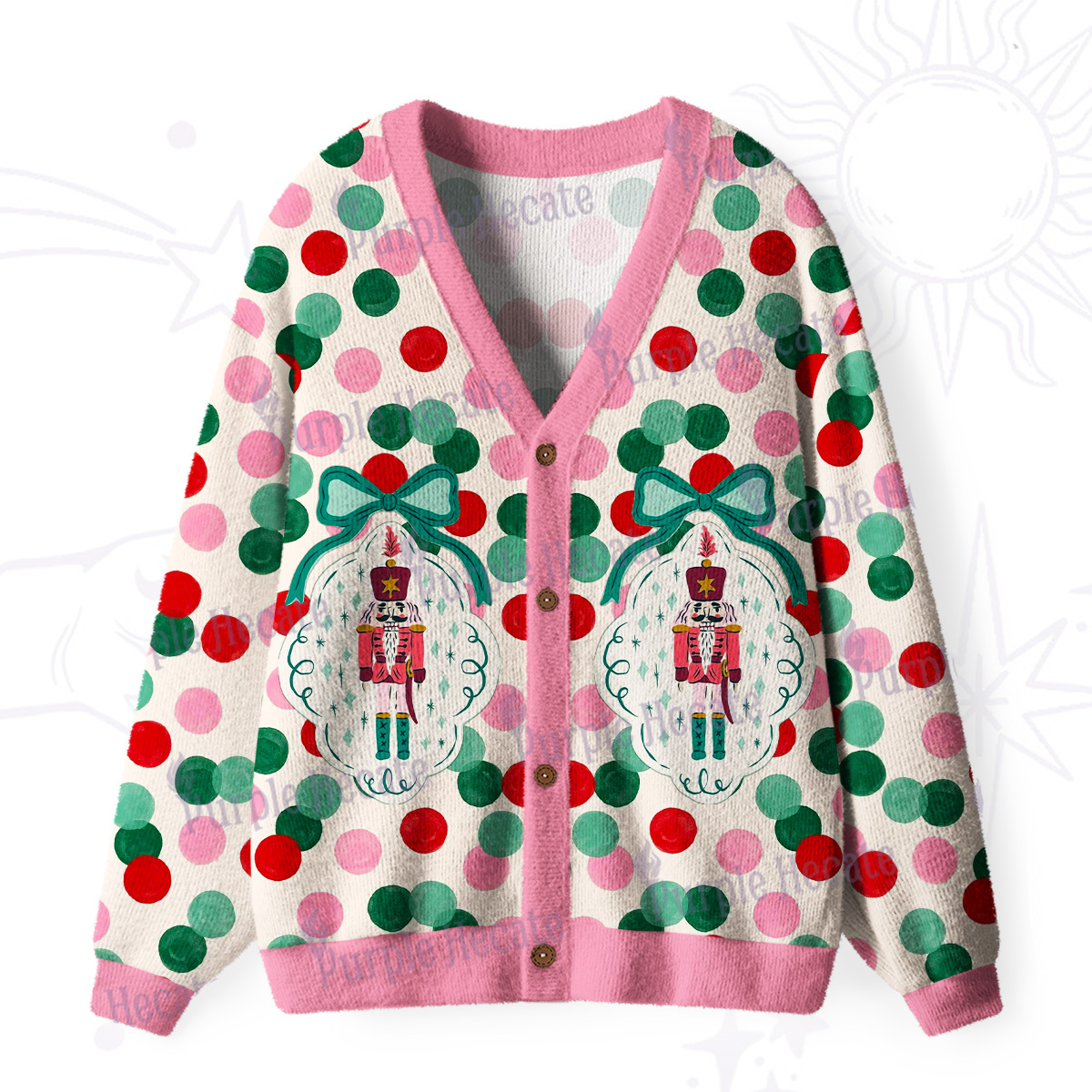 Purplehecate Candy Dot Nutcracker Christmas Ugly Cardigan Sweaters