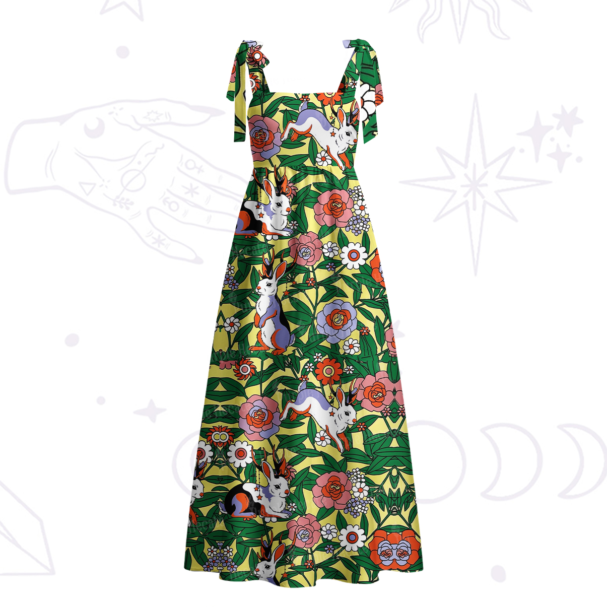 Purplehecate Mystic Blossom Bunny Garden Tie Shoulder Maxi Dress