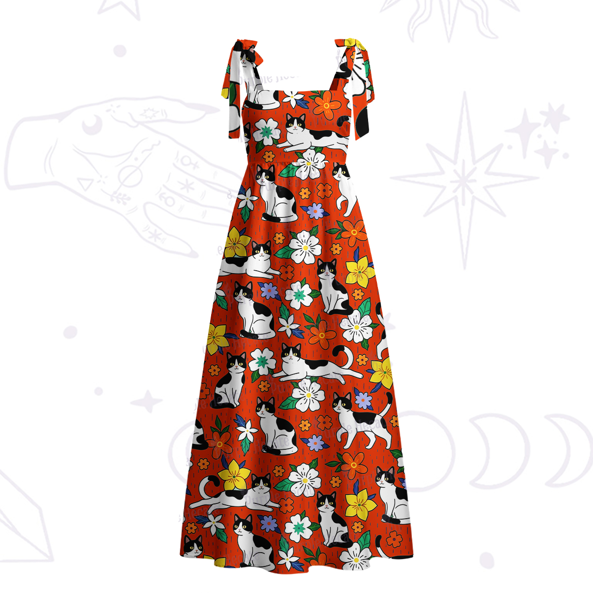 Purplehecate Enchanted Spring Whispering Cat Tie Shoulder Maxi Dress