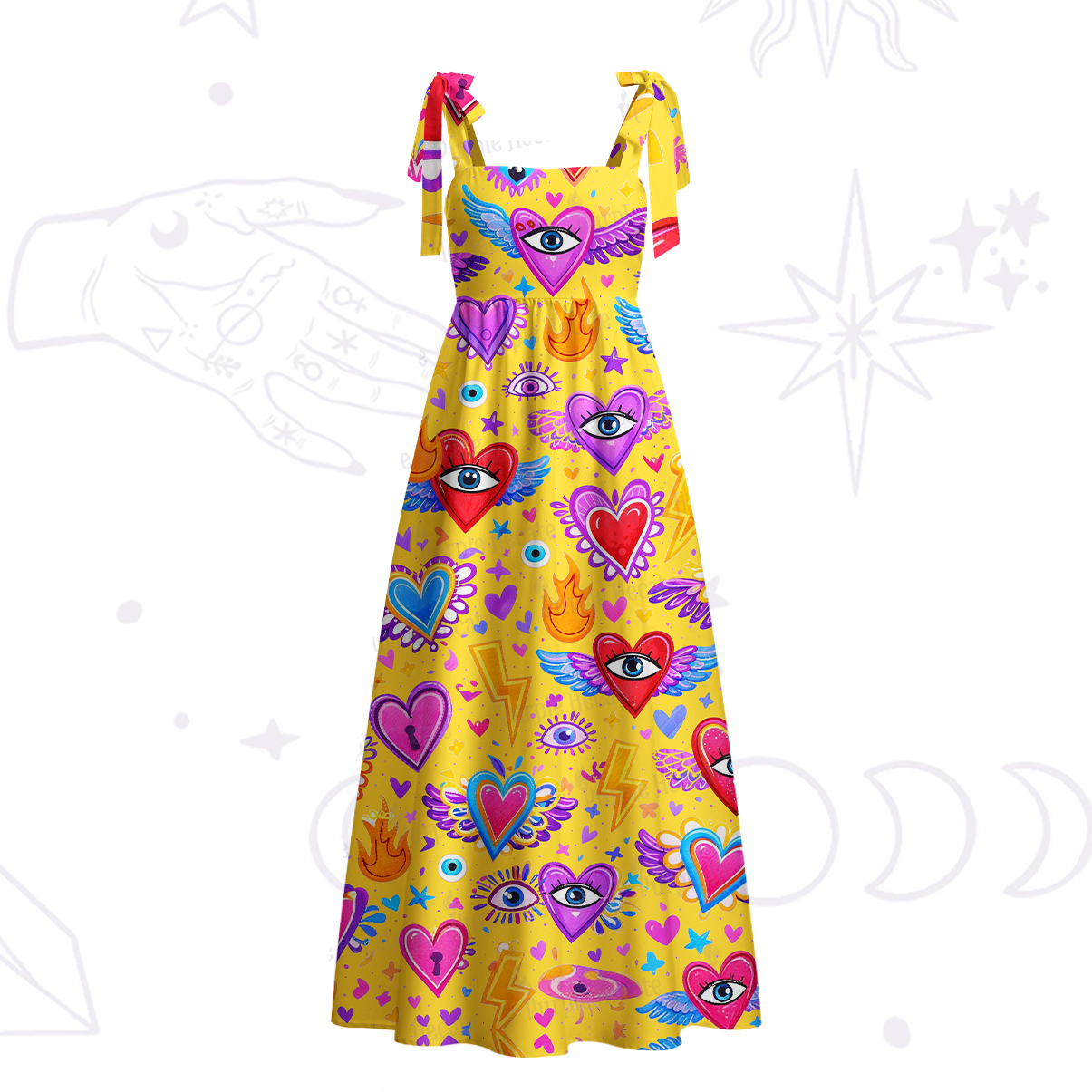 Purplehecate Mystic Heart Eye Wings Tie Shoulder Maxi Dress