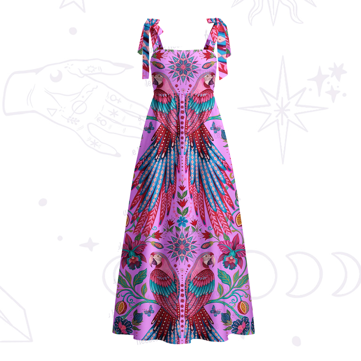 Purplehecate Tropical Parrot Garden Tie Shoulder Maxi Dress