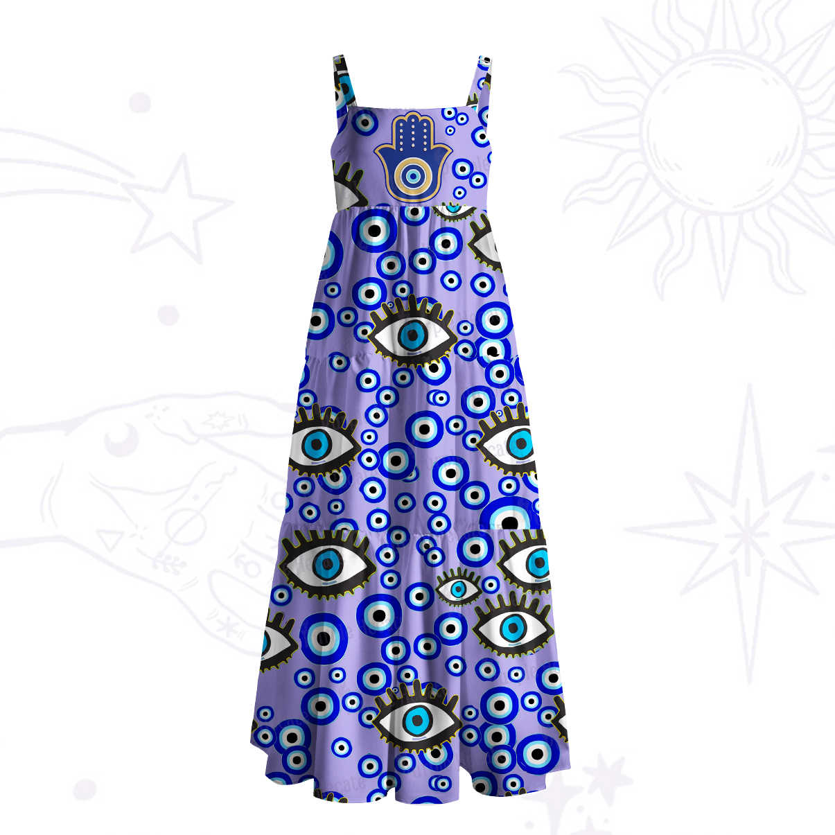 Purplehecate Mystic Hamsa Evil Eye Wide Straps Maxi Dress