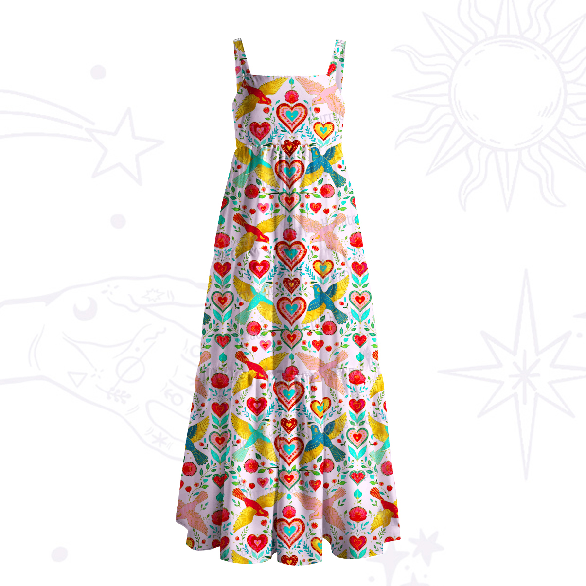 Purplehecate Sacred Hearts Spirit Birds Wide Straps Maxi Dress