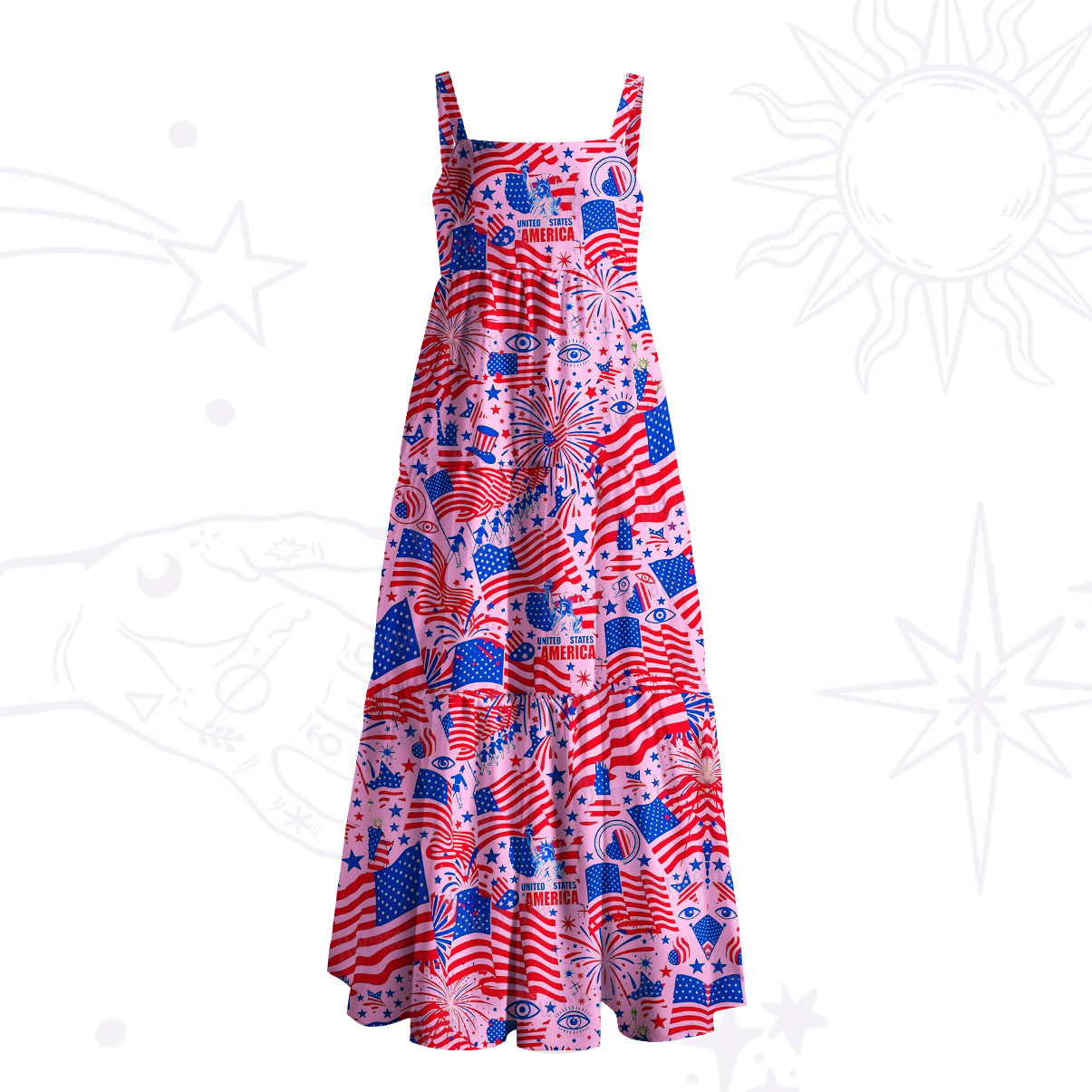 Purplehecate Patriotic Fireworks & Flags Wide Straps Maxi Dress