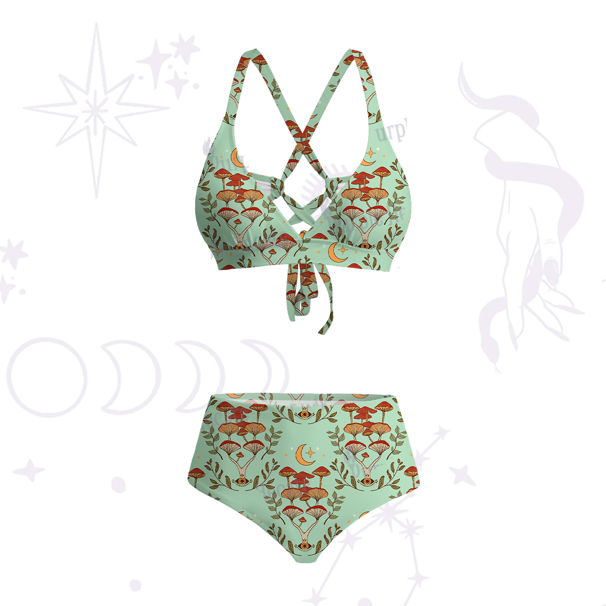Purplehecate Psychedelic Mushrooms Crisscross Tie-Back Bikini Set