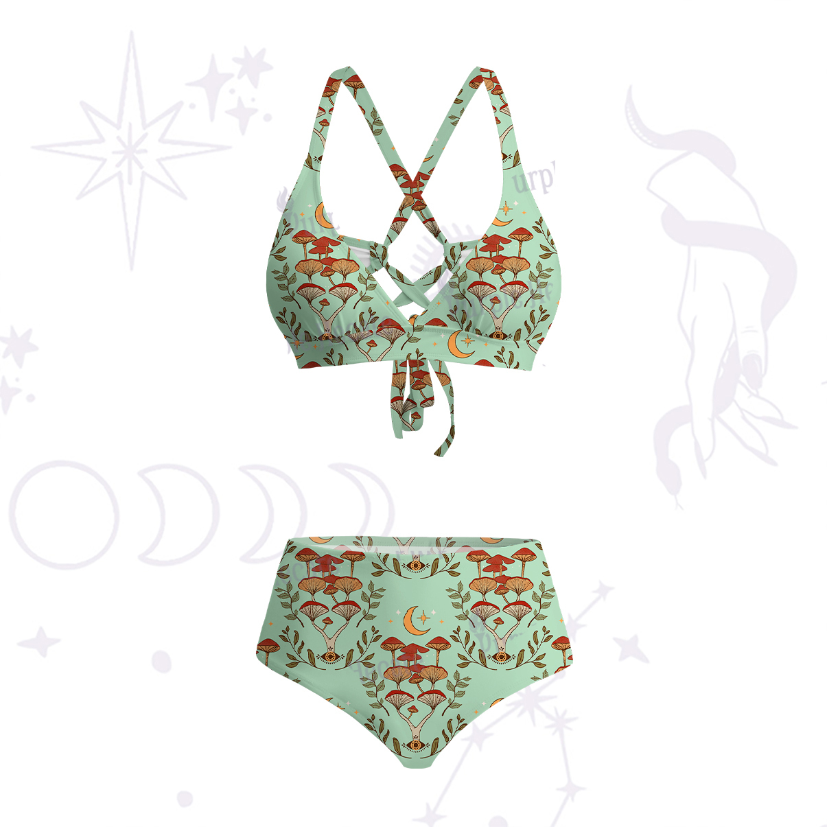 Purplehecate Psychedelic Mushrooms Crisscross Tie-Back Bikini Set