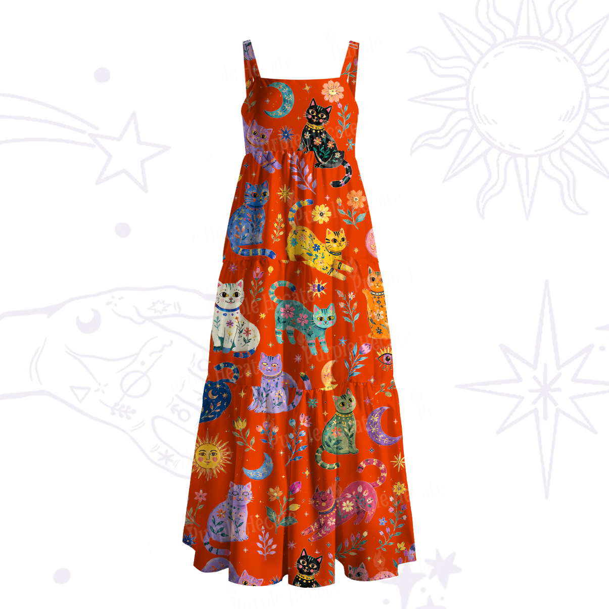 Purplehecate Rainbow Magic Cats Wide Straps Maxi Dress