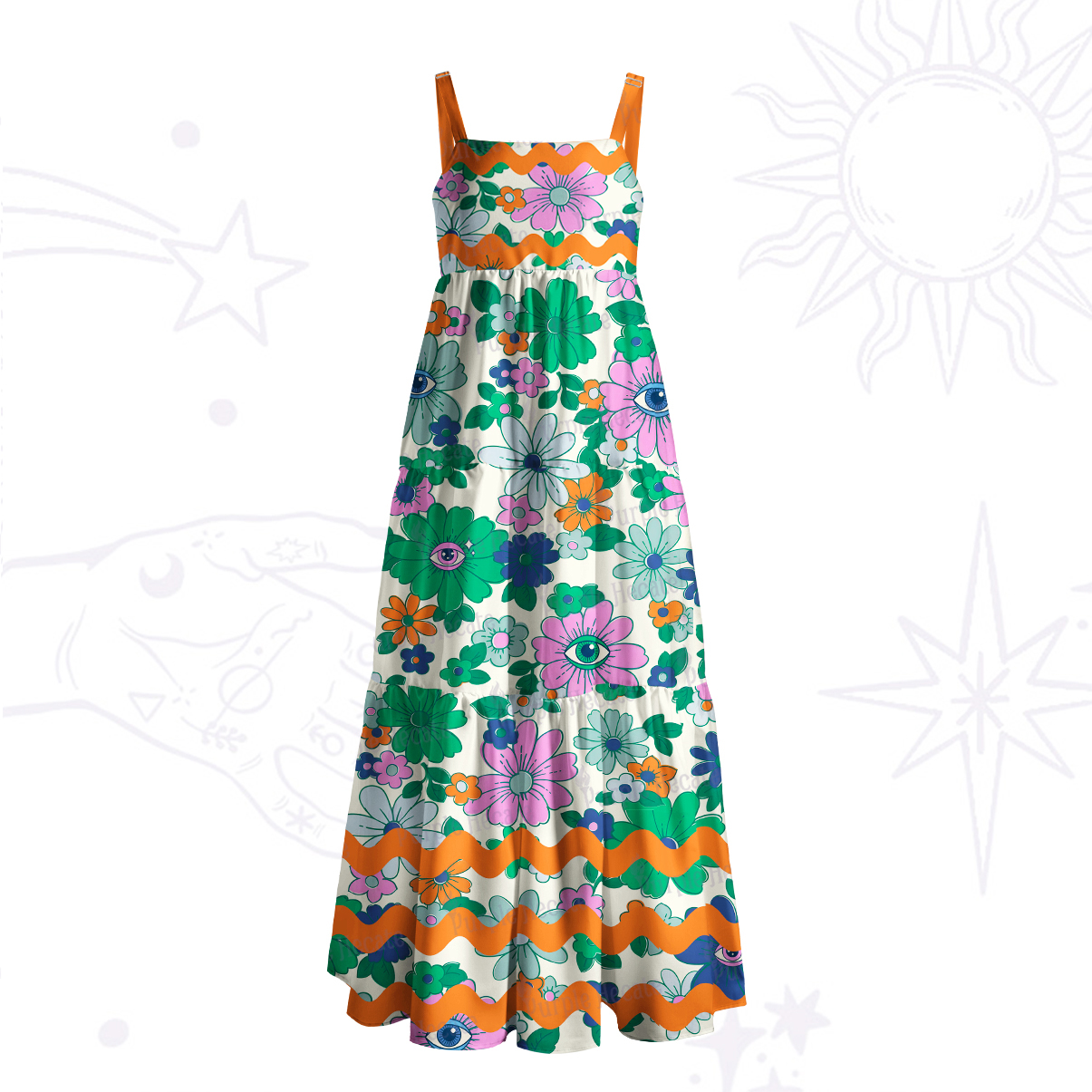 Purplehecate  Psychedelic Floral Wave Wide Straps Maxi Dress