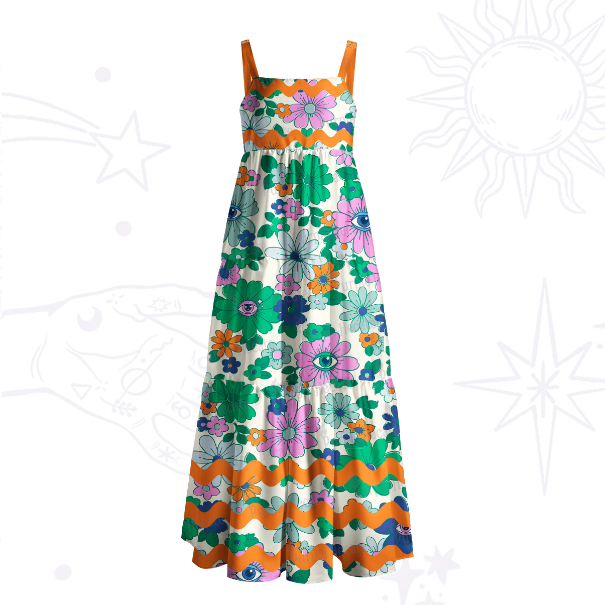 Purplehecate  Psychedelic Floral Wave Wide Straps Maxi Dress