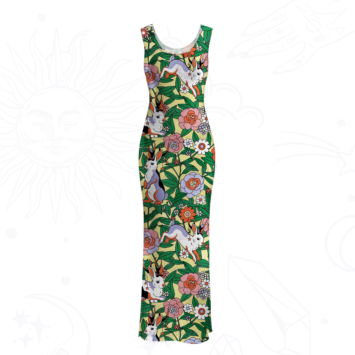 Purplehecate Mystic Blossom Bunny Garden Mesh Maxi Tank Beach Dress