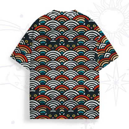 Purplehecate Rainbow Black Cat Waves All Over Print T-Shirt