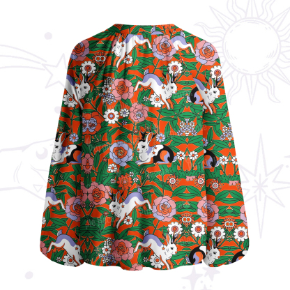 Purplehecate Mystic Blossom Bunny Garden Split Neck Tie Blouse