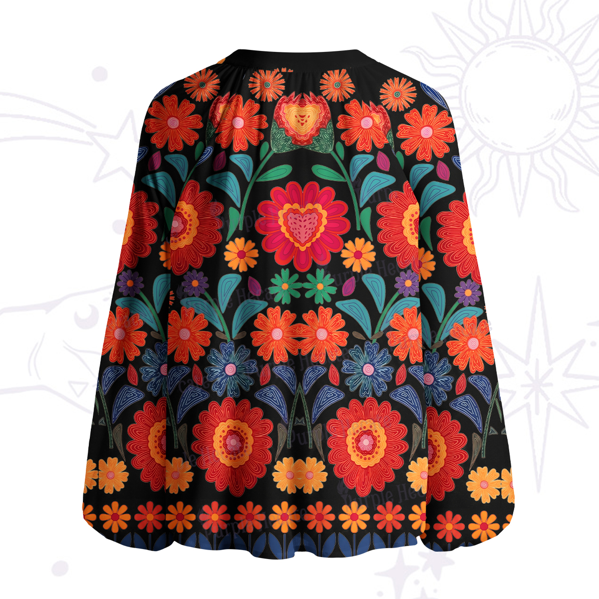 Purplehecate Retro Bloom Folk Floral Split Neck Tie Blouse