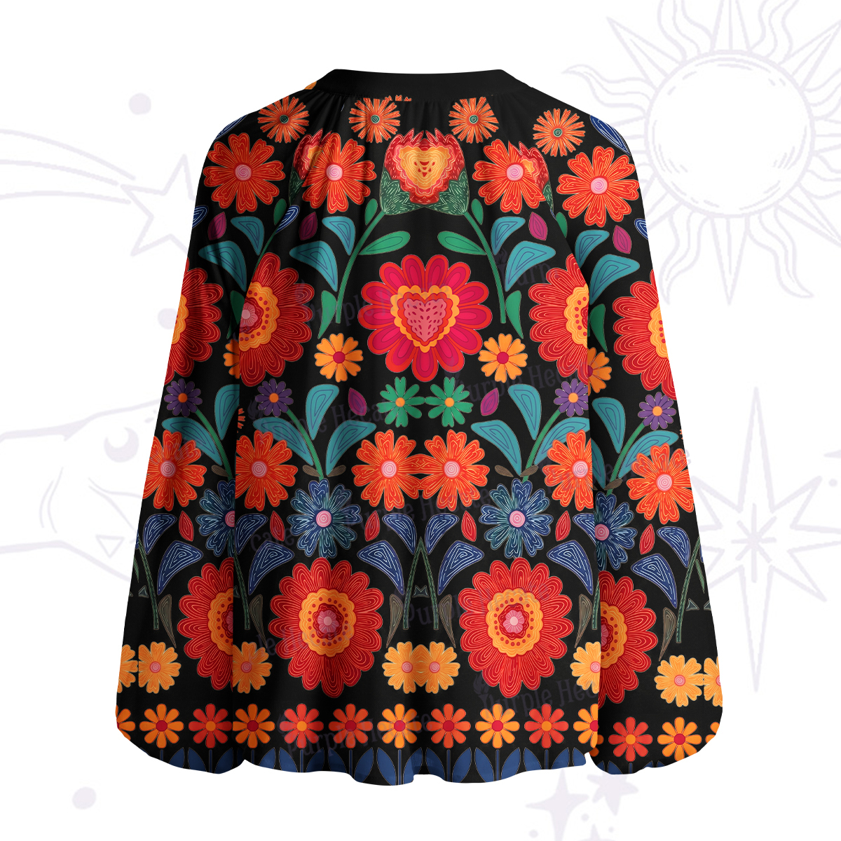 Purplehecate Retro Bloom Folk Floral Split Neck Tie Blouse