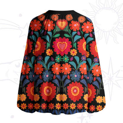 Purplehecate Retro Bloom Folk Floral Split Neck Tie Blouse