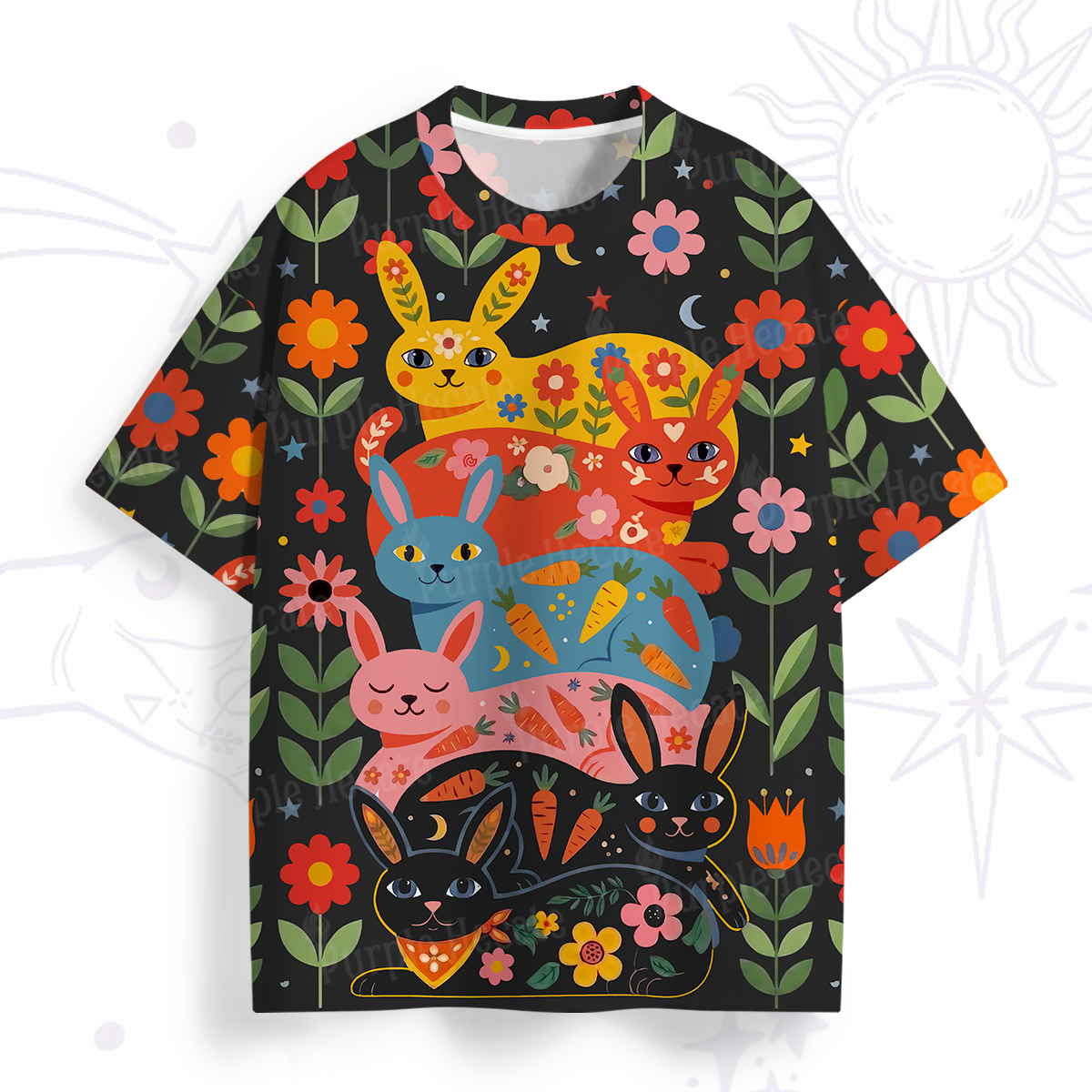 Purplehecate Folk Art Rainbow Floral Bunny All Over Print T-Shirt