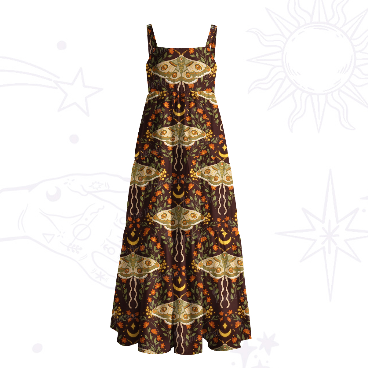 Purplehecate Enchanted Night Moth Stars Wide Straps Maxi Dress