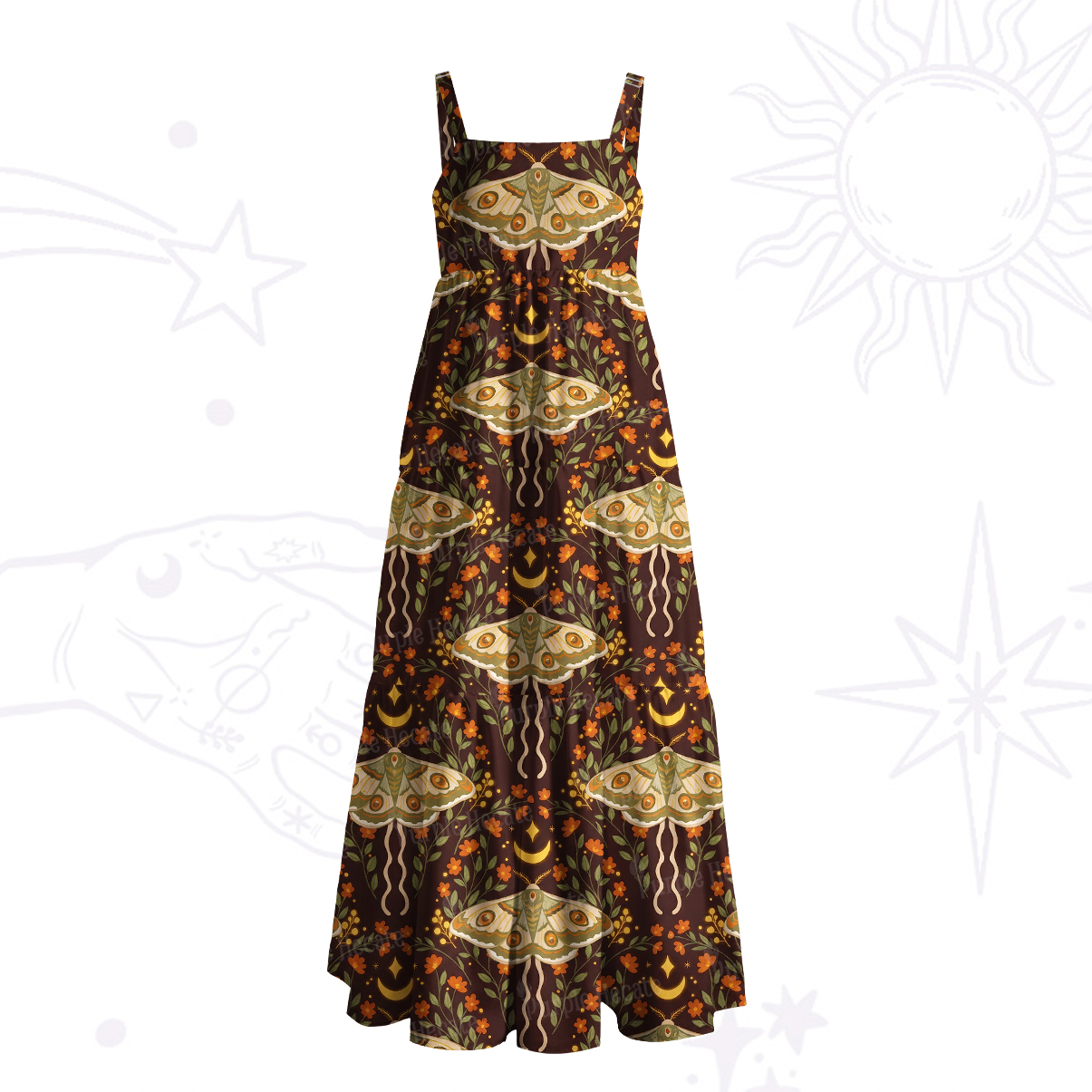 Purplehecate Enchanted Night Moth Stars Wide Straps Maxi Dress