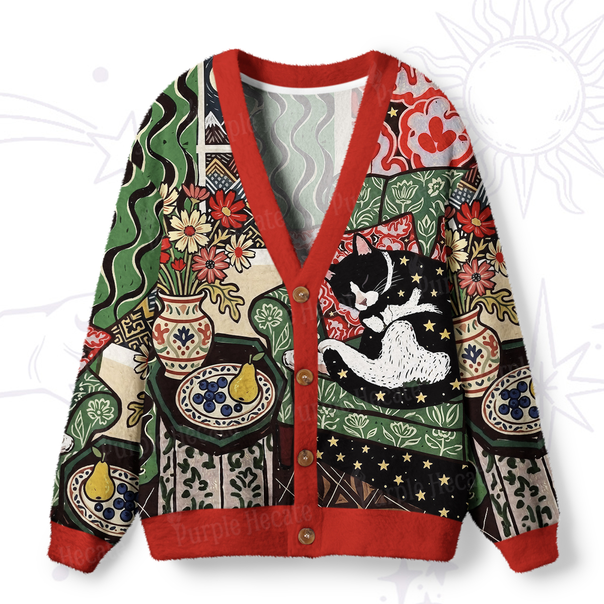 Purplehecate Nap Time Lazy Kitty Ugly Cardigan Sweaters