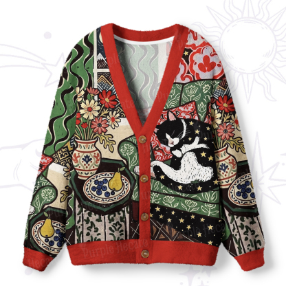 Purplehecate Nap Time Lazy Kitty Ugly Cardigan Sweaters