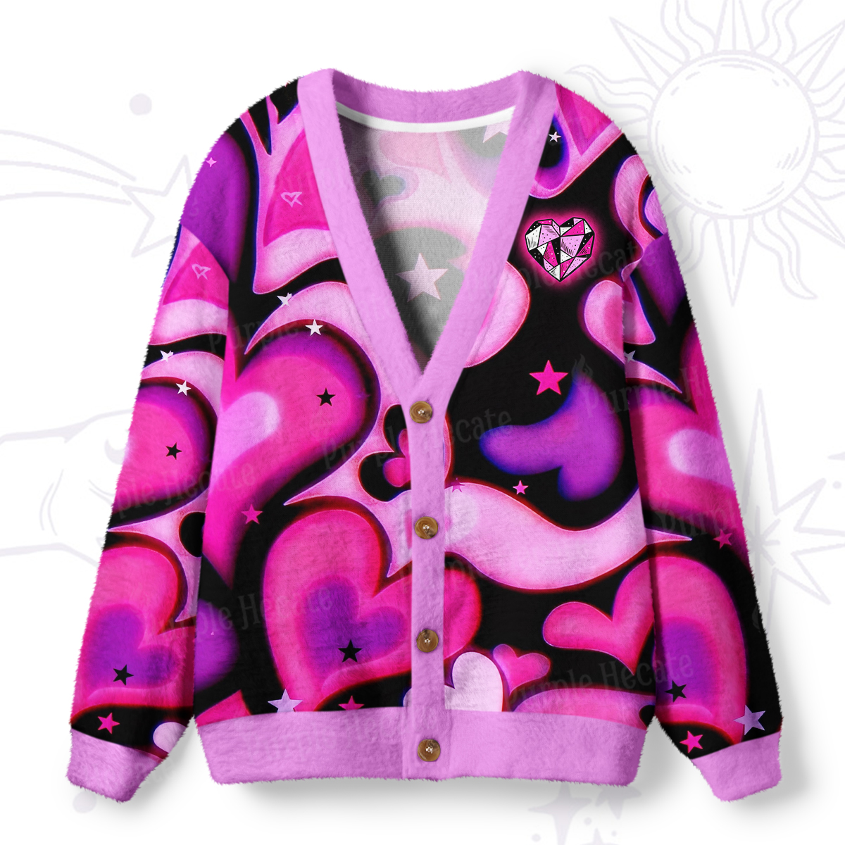 Purplehecate Cosmic Hearts and Stars Ugly Cardigan Sweaters