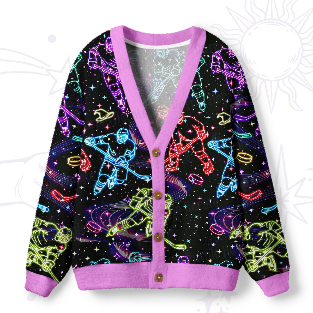 Purplehecate Neon Night Hockey Ugly Cardigan Sweaters