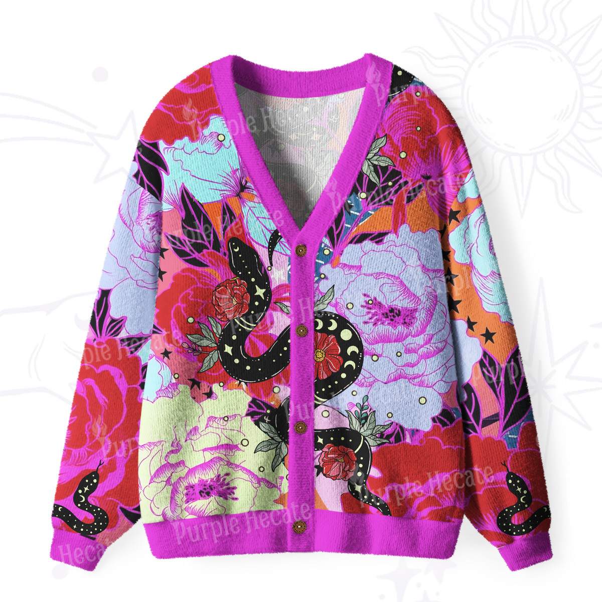 Purplehecate Enchanted Black Serpent & Floral Pattern Ugly Cardigan Sweaters